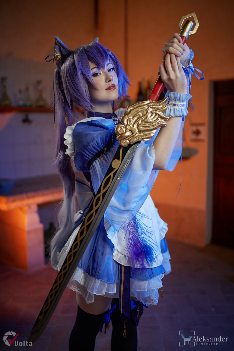 Genshin Impact - Keqing (Piercing Thunderbolt) Cosplay - soft focus shot Genshin Impact - Keqing (Piercing Thunderbolt) Cosplay - soft focus shot