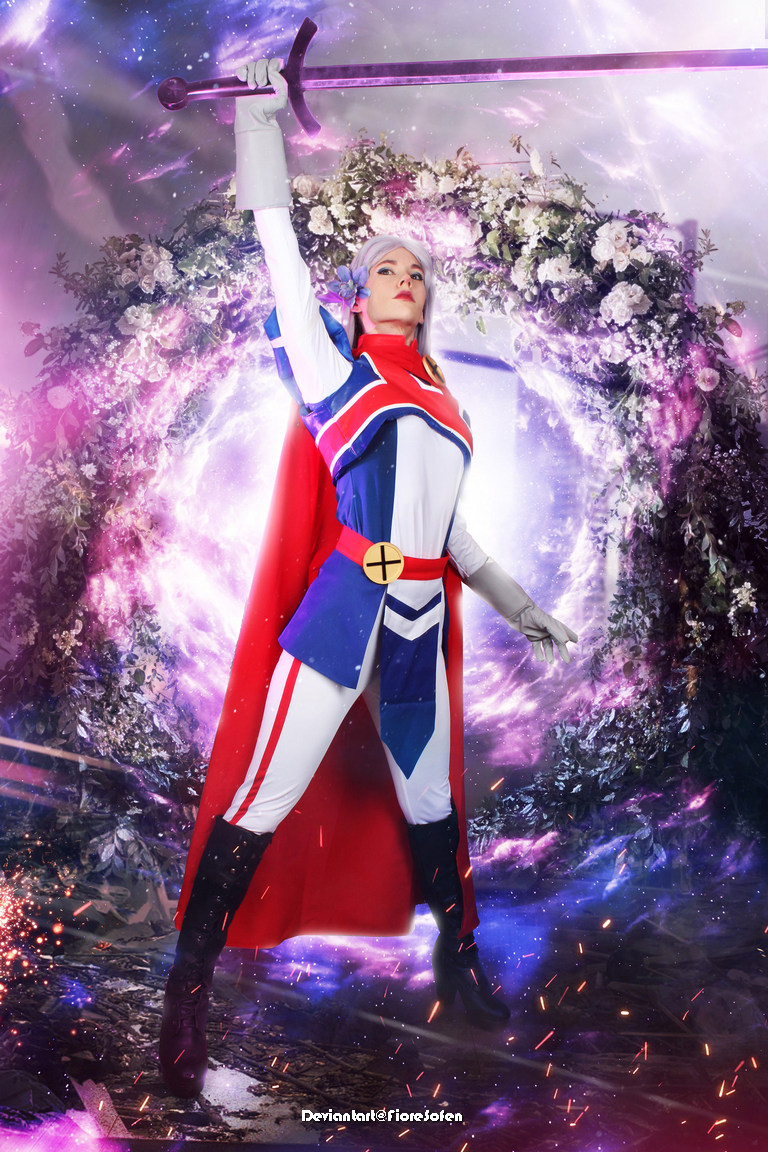 A person in a superhero costume with a red cape, striking a heroic pose while holding a sword aloft. The background features a magical, floral arch and cosmic elements, creating a fantasy atmosphere.