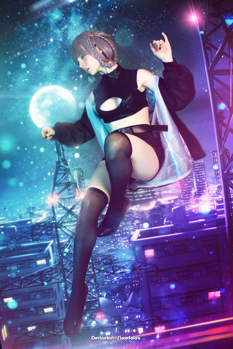 A futuristic character in a dark outfit poses against a vibrant night cityscape illuminated by neon lights and a large moon.