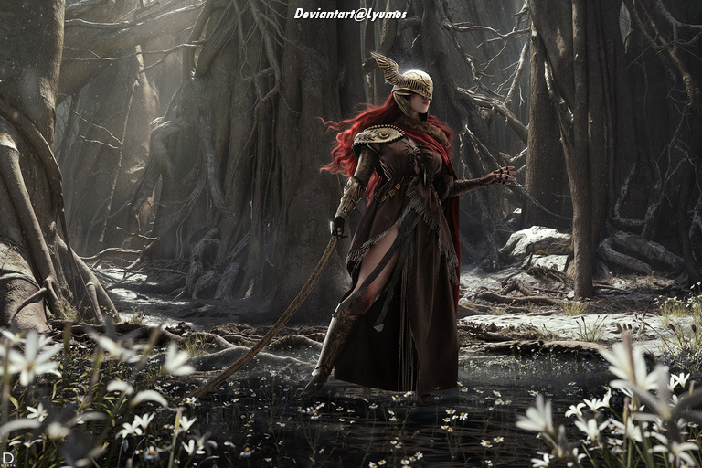 A female warrior dressed in ornate armor stands confidently in a mystical forest, with red hair flowing and a sword in hand, surrounded by lush greenery and flowers.