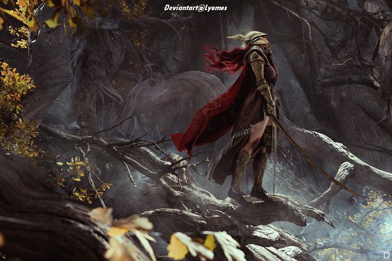 A warrior in ornate armor and a red cape stands on a twisted tree branch in a mystical forest, surrounded by ethereal light and autumn foliage.
