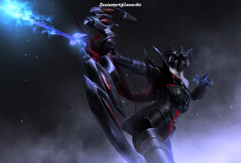 A character in sleek black armor wielding a glowing blue weapon, surrounded by a misty atmosphere.