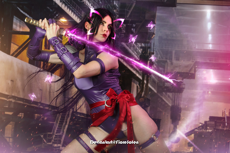 A female character in a purple costume wielding a glowing sword, surrounded by butterflies and an industrial background.