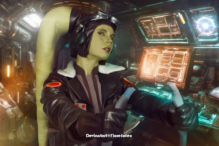 A character with green skin and a long tail wears a pilot's jacket and headphones, seated in a futuristic cockpit with control panels glowing in the background.