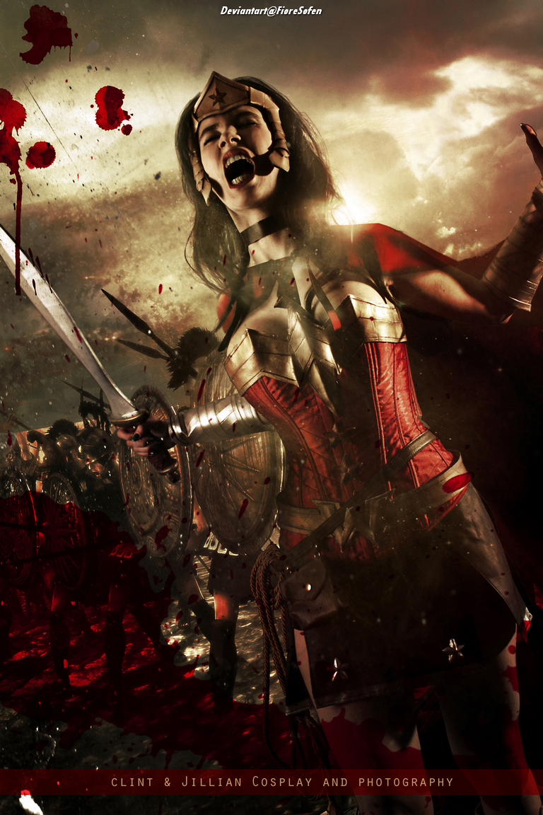 A fierce woman in a warrior costume, wielding a sword and shouting passionately, surrounded by a battlefield scene with warriors and splashes of blood.