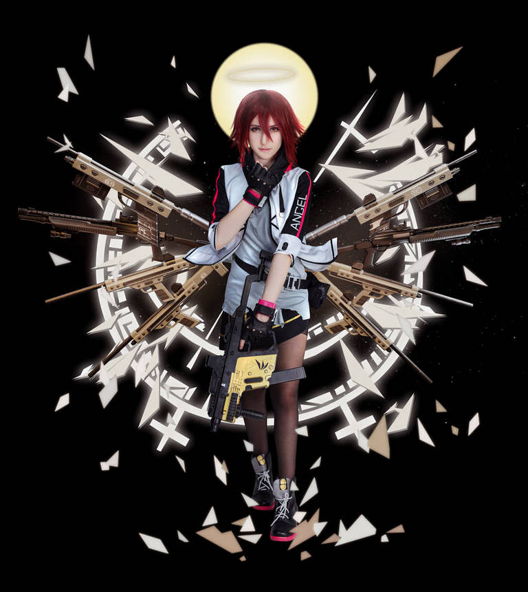 A character with red hair, wearing a futuristic outfit, stands confidently with a weapon in hand, surrounded by stylized weaponry and abstract shapes against a dark background.