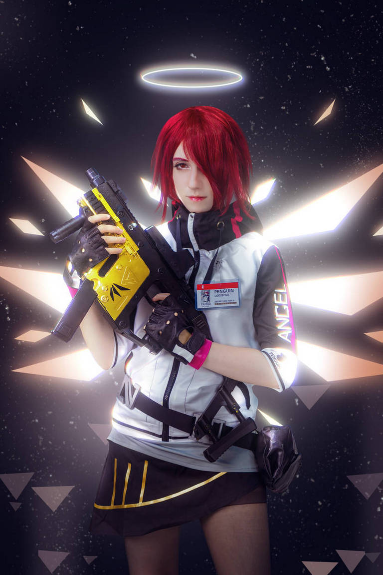 A character in a stylish outfit with red hair, holding a yellow and black gun, surrounded by bright geometric shapes and a glowing halo in the background.
