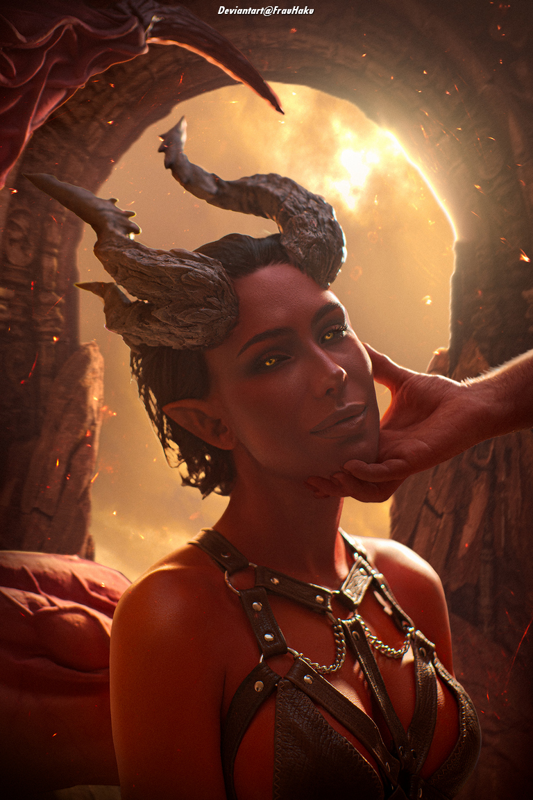 A female character with horns and pointed ears, featuring striking golden eyes and a leather harness, is being gently touched on the face. The background shows a mystical, glowing environment.