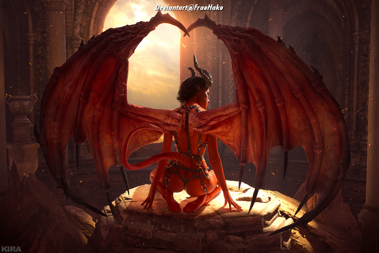 A figure with large, dark wings sits on a stone pedestal, silhouetted against a glowing background that suggests a dramatic atmosphere. The figure has a fierce yet contemplative posture, with intricate details on the wings and surrounding architecture.