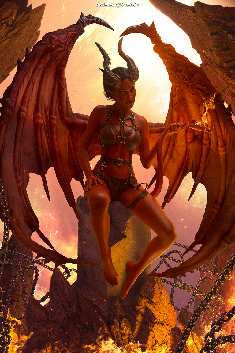 A fantastical character with dragon wings and horns, sitting on a rocky throne amidst fiery surroundings, wearing a harness-style outfit.