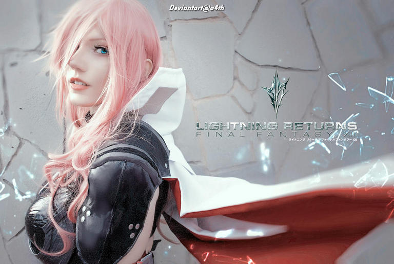A character from 'Lightning Returns: Final Fantasy XIII' with long pink hair, wearing a black and white outfit against a light-colored background.