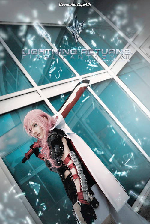 Cosplay of Lightning from Final Fantasy XIII, wearing a black outfit with silver armor and a white cape, posing with a large sword in a modern setting.