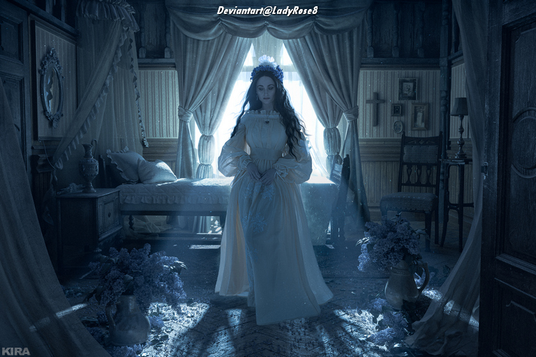 A woman in a vintage white dress stands in a dimly lit, elegantly decorated room, with beams of light filtering through the curtains. She has long hair and a floral crown, surrounded by flowers and antique furniture.