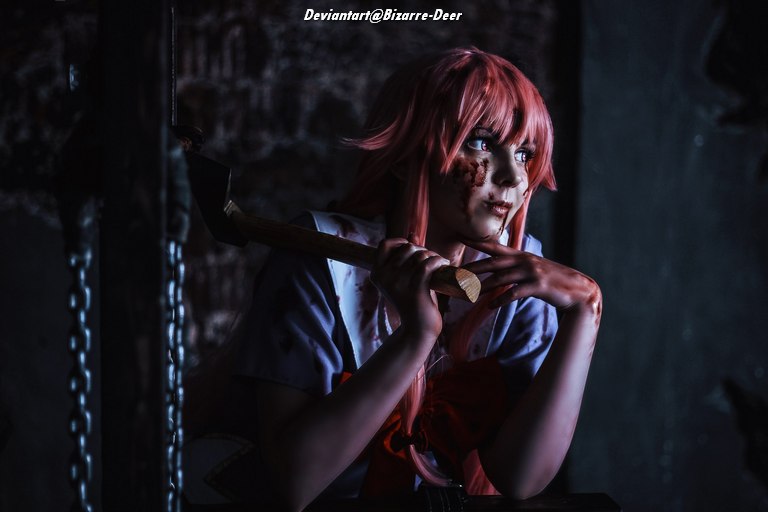 A person with pink hair dressed in a blood-stained school outfit holding a large axe, with a dramatic expression, set against a dark background.