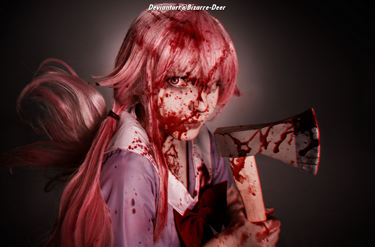 A character with long pink hair, wearing a school uniform, covered in blood, holds a hatchet in a dramatic pose against a dark background.