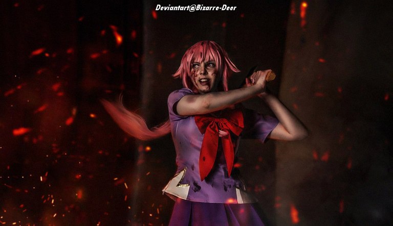 A character with pink hair wearing a purple outfit and red bow, holding a weapon, surrounded by a dramatic background with fiery effects.