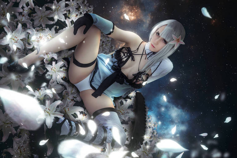 A character in a blue outfit with gray hair poses among white lilies and floating petals, set against a starry background.