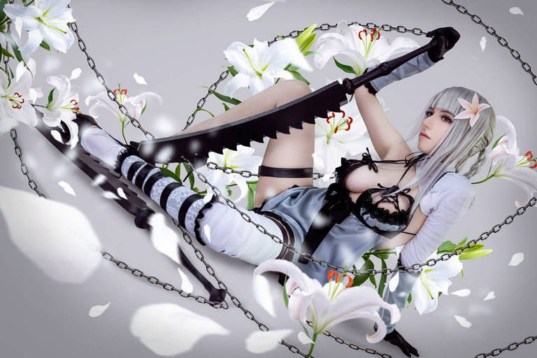 A female character in a stylized outfit poses with a large sword surrounded by white lilies and chains, set against a soft gray background.