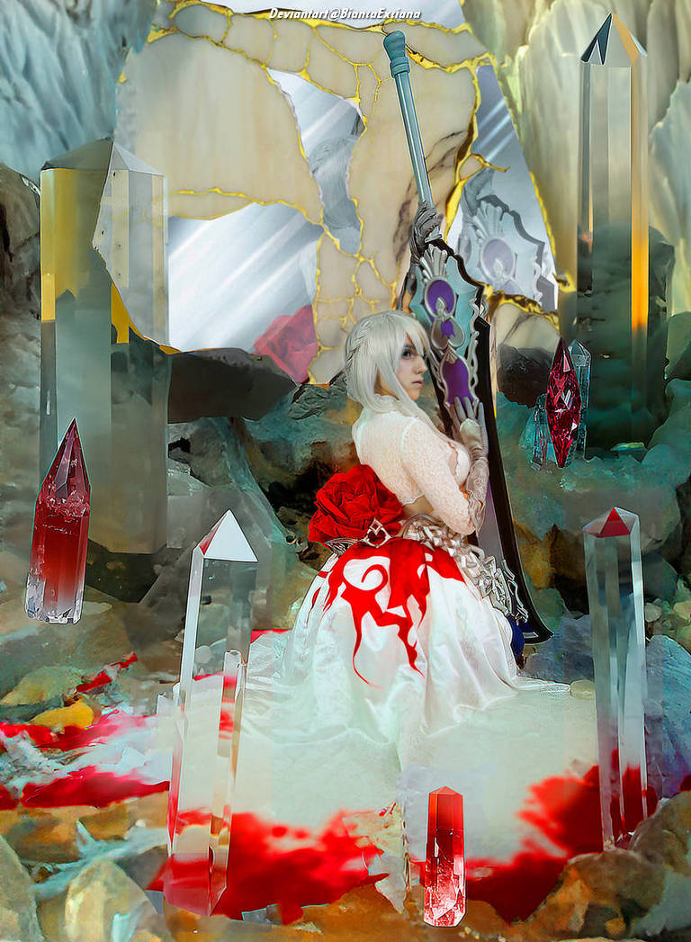 A character dressed in a white gown with red accents, holding a large sword, surrounded by crystalline formations in a fantastical, colorful environment.