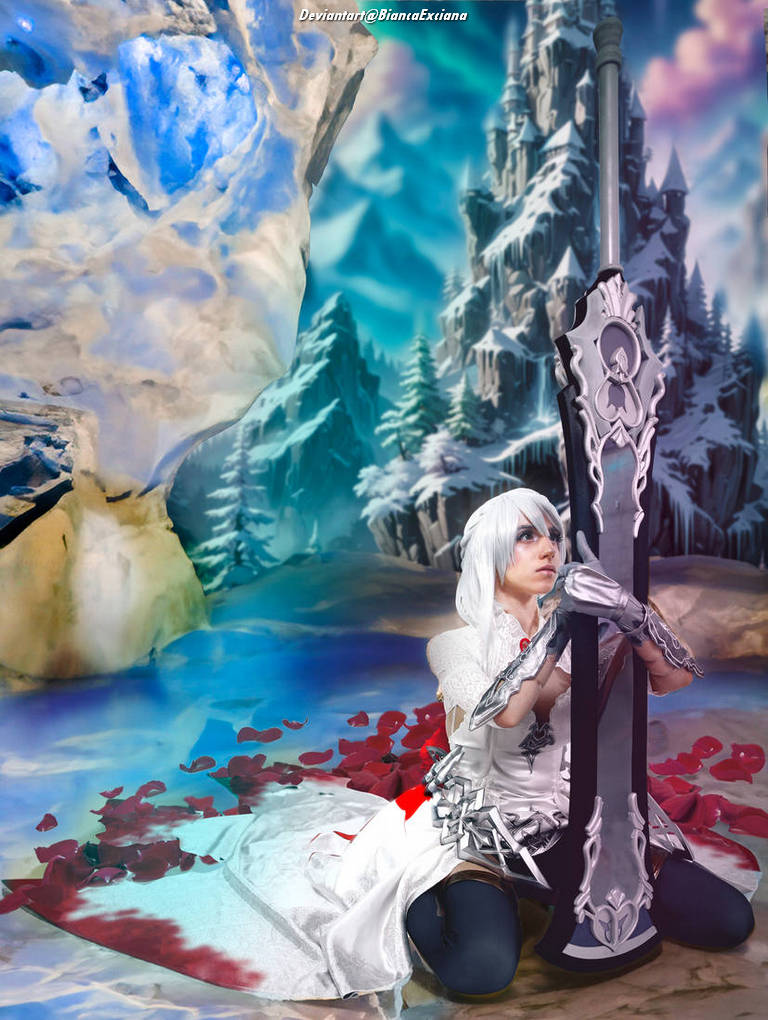 A character in a white costume sits on the ground, holding a large sword, surrounded by red rose petals. In the background, there are ice formations and a snowy landscape with a castle.