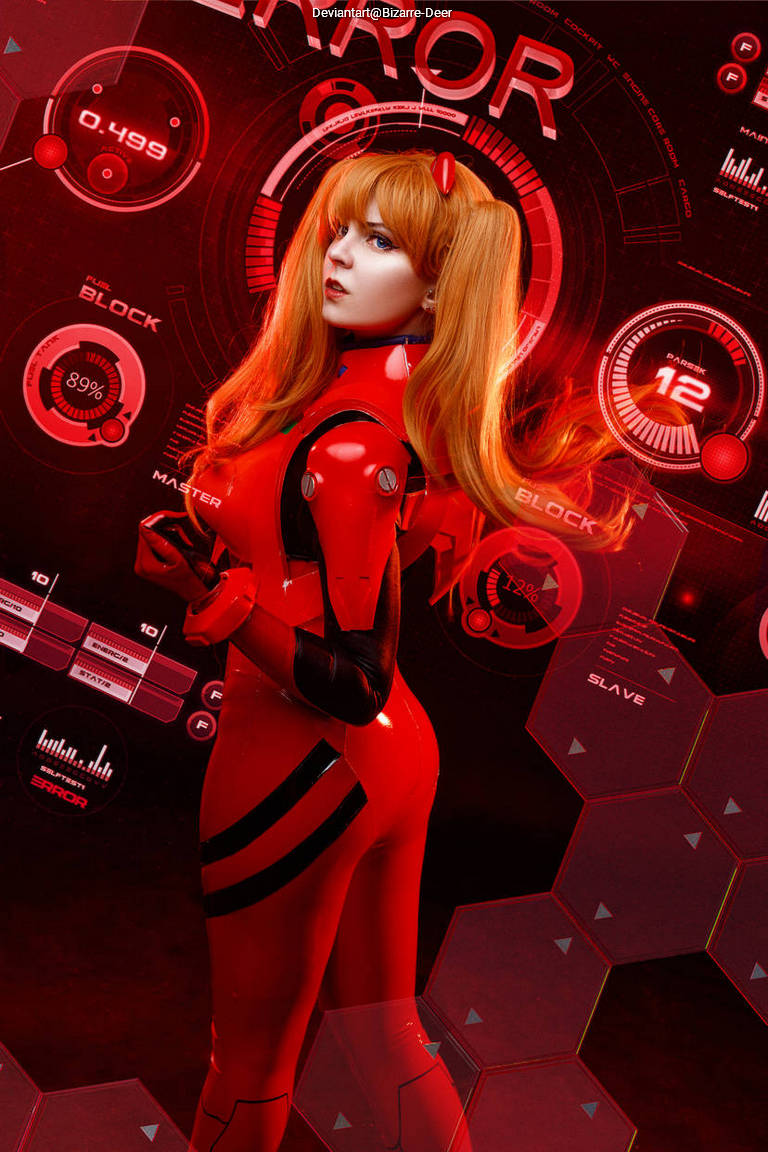 A character in a red futuristic outfit stands against a digital background filled with holographic displays and data readings.
