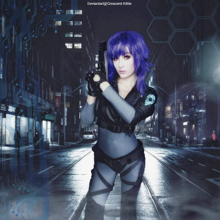 A character in a futuristic outfit with purple hair, holding a firearm in a dimly lit urban environment.