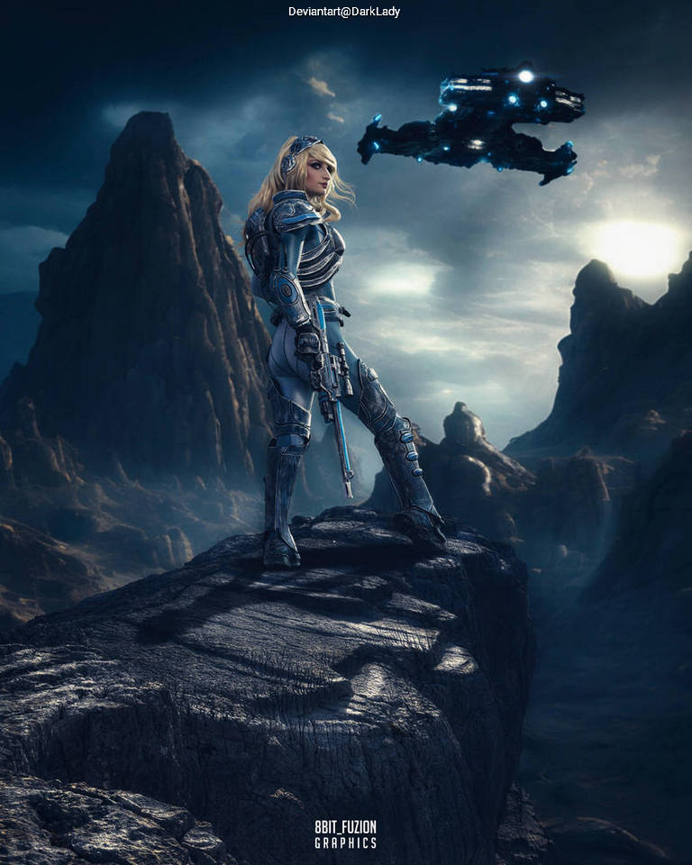 A futuristic female warrior wearing metallic armor stands on a rocky cliff, holding a weapon, with a spaceship flying in the background against a dramatic landscape.