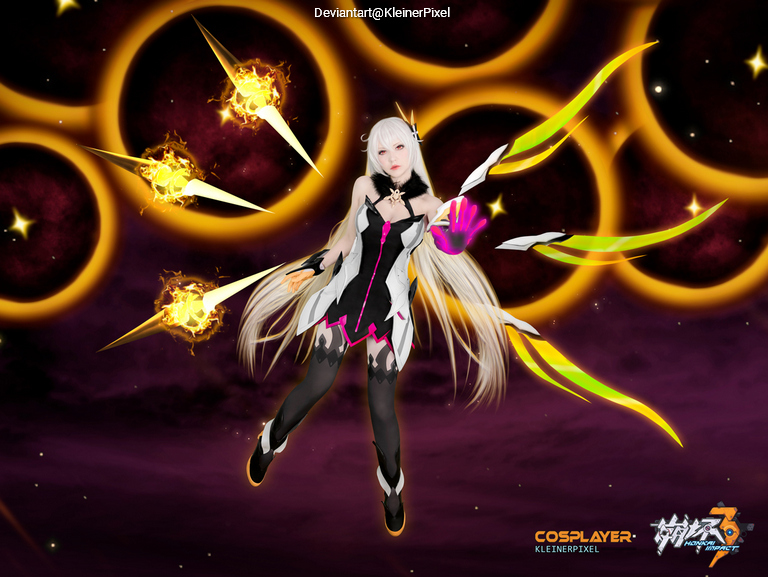 A female cosplayer with long white hair wearing a black and pink outfit, posing dynamically with glowing, colorful weapons in a fantasy background featuring circular patterns.