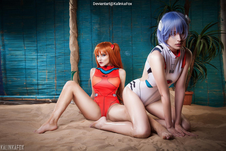 Neon Genesis Evangelion - Asuka Langley Sohryu & Rei Ayanami (Swimsuit) Cosplay full length photo