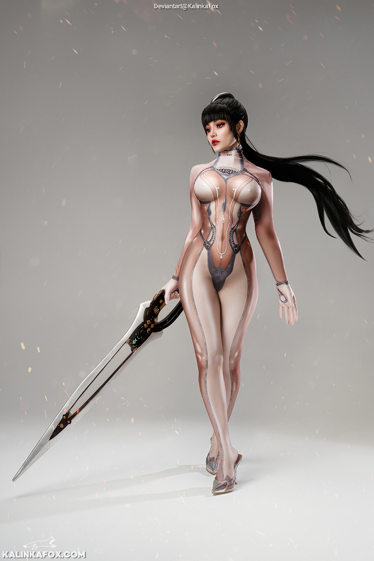 A stylized female character with long black hair, wearing a sleek, form-fitting outfit and holding a large sword, standing confidently against a neutral background.