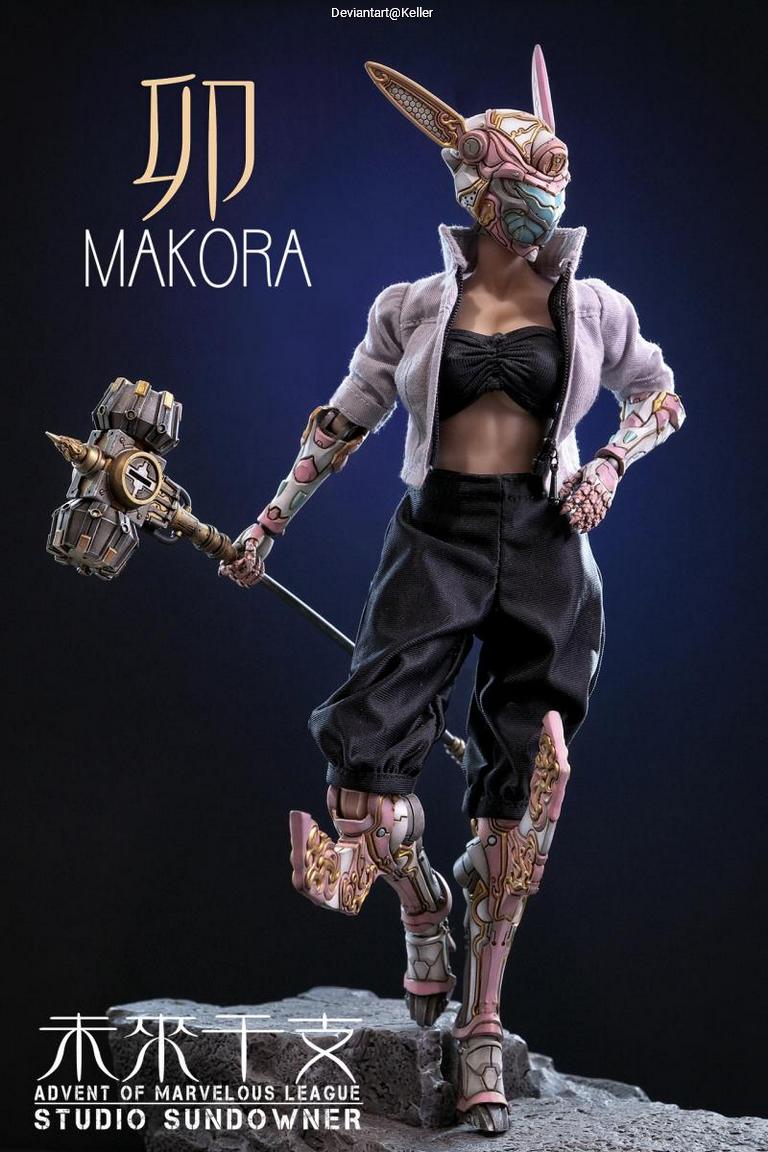 A detailed figure of a character named Makora, featuring a stylized rabbit-like helmet and intricate armor designs. The character wields a large weapon and is posed dynamically, showcasing a blend of futuristic and traditional elements.