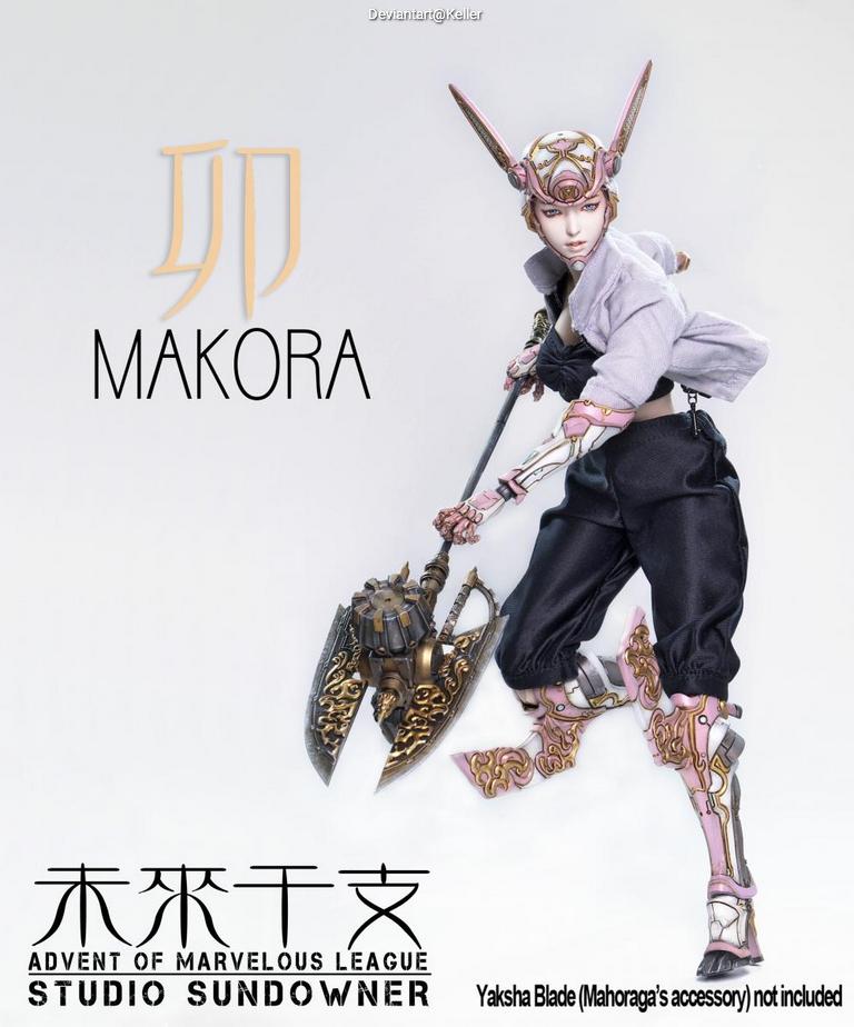 A detailed figurine named Makora, featuring a character with intricate armor and a unique hairstyle, posing with a weapon and showcasing elements of futuristic design.