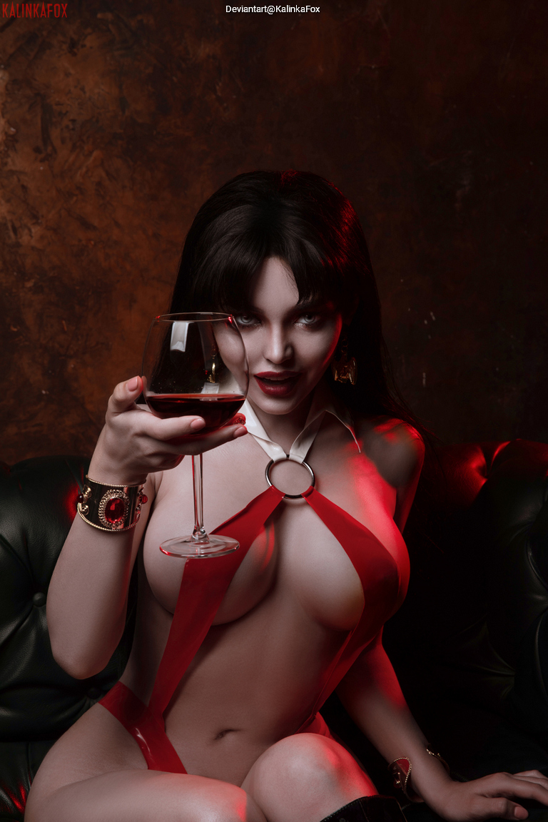 A woman in a provocative outfit holding a glass of red wine, sitting on a dark leather couch with a dramatic background.