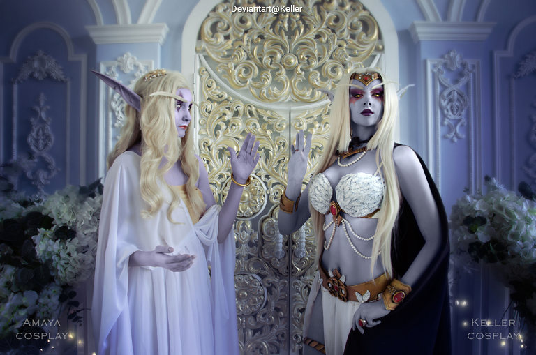 Two characters in elaborate costumes standing in a decorated interior. The character on the left has long blonde hair and an elegant white dress, while the character on the right has dark attire with a detailed silver top and striking makeup. They are positioned against a backdrop of ornate golden elements.