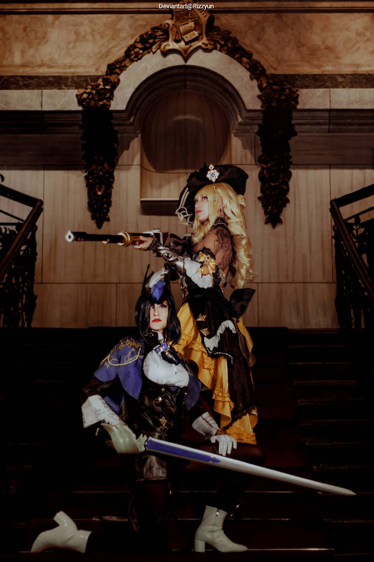 Genshin Impact - Navia (Helm of the Radiant Rose) (Yellow Velvet Salon) & Clorinde (Candlebearer) (Sword of Honor) Cospay full body portrait