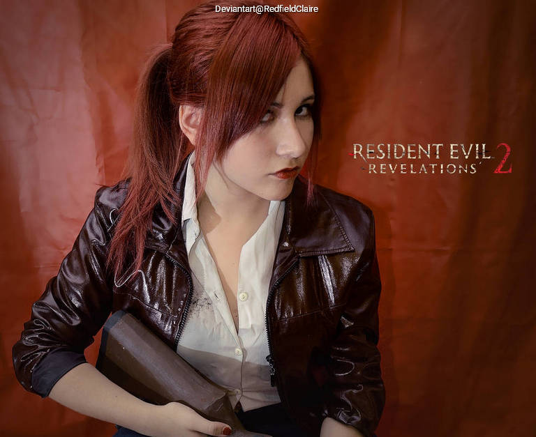 A young woman with red hair and a leather jacket poses against a brown background, holding a prop and looking intently at the camera, inspired by the character from Resident Evil 2.