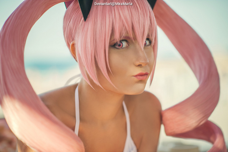 Close-up portrait of a person with pink hair styled in pigtails, wearing a white outfit and black accessories, featuring striking pink eyes and a thoughtful expression.