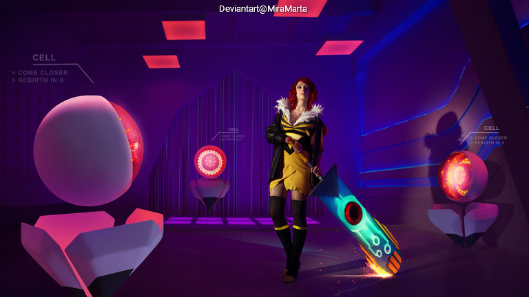 A digital artwork featuring a character in a futuristic outfit with red hair, holding a weapon, surrounded by glowing spheres in a high-tech environment.