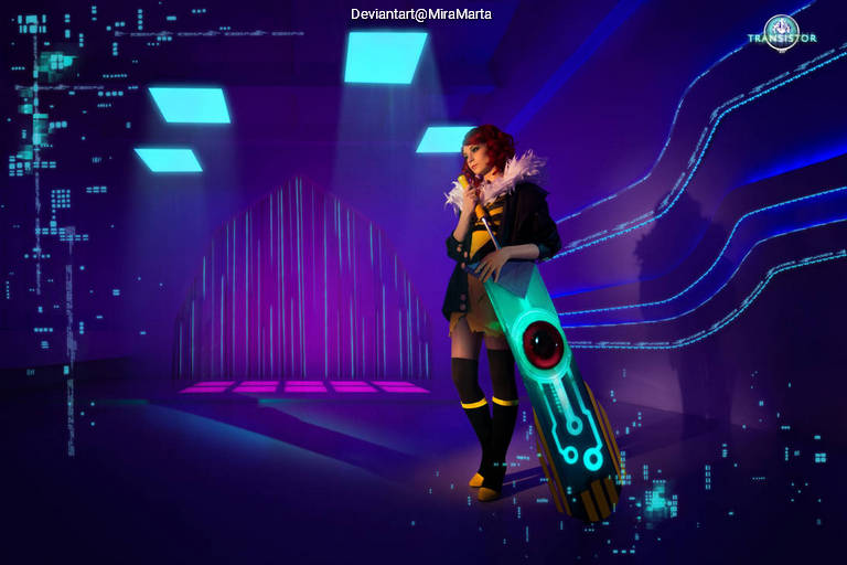 A character stands with a large, futuristic sword in a neon-lit environment, featuring abstract digital elements and geometric patterns.