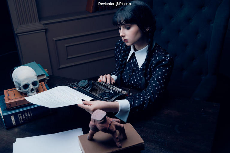 A young woman in a black and white outfit is sitting at a vintage desk with a typewriter, reading a piece of paper. A skull and books are placed nearby, along with a small statue.