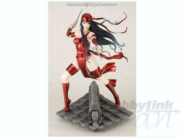 A red-clad female figurine poses dynamically on a black tiled rooftop, wielding a sword with flowing hair and an intense expression.