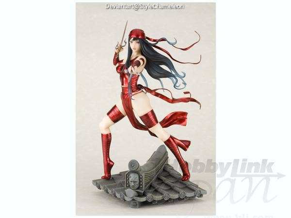 A highly detailed figurine of a female warrior in a red outfit, wielding a sword and standing on a stone platform.