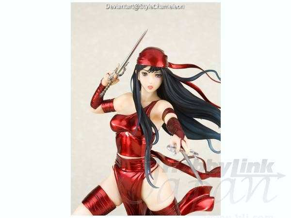 A dynamic figure of a female assassin in a red costume, wielding a sword and preparing for action.