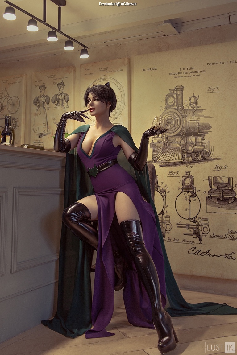 A woman poses confidently in a stylish purple outfit with a green cape, thigh-high black boots, and striking makeup, set against a backdrop of vintage drawings in a bar setting.