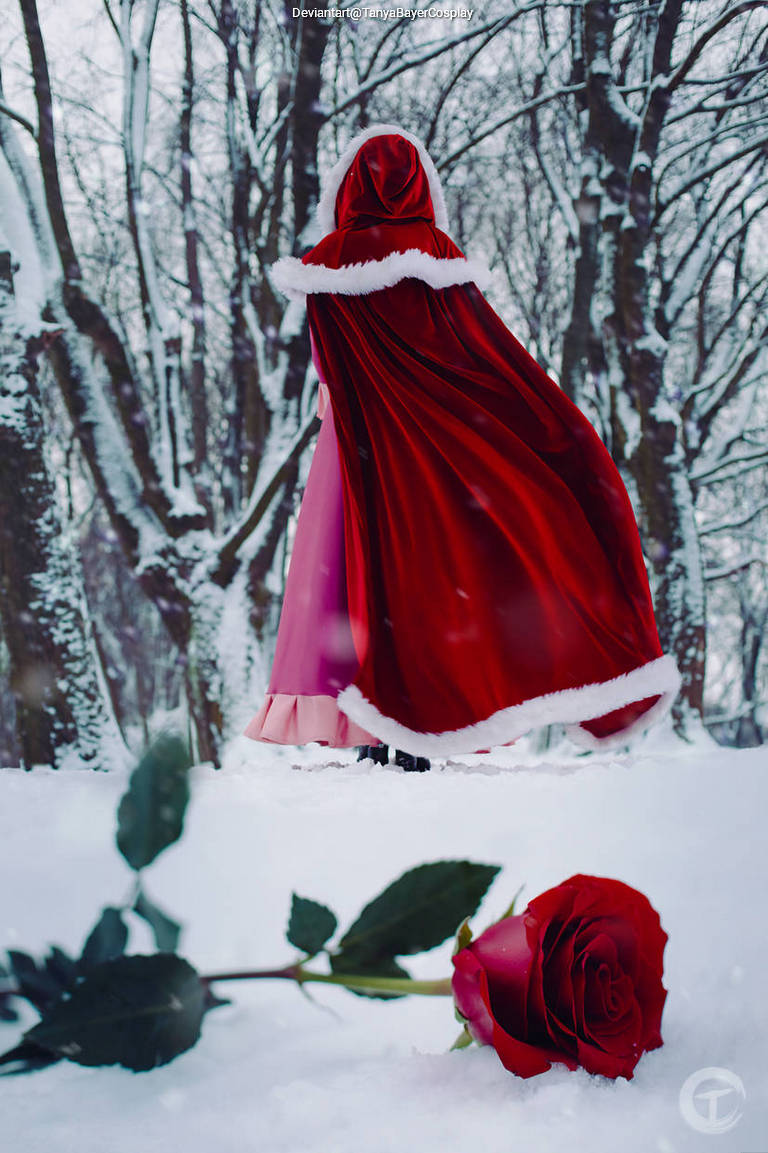 A figure wearing a red hooded cloak stands in a snowy forest, looking away from the camera. A single red rose lies on the ground in the foreground.