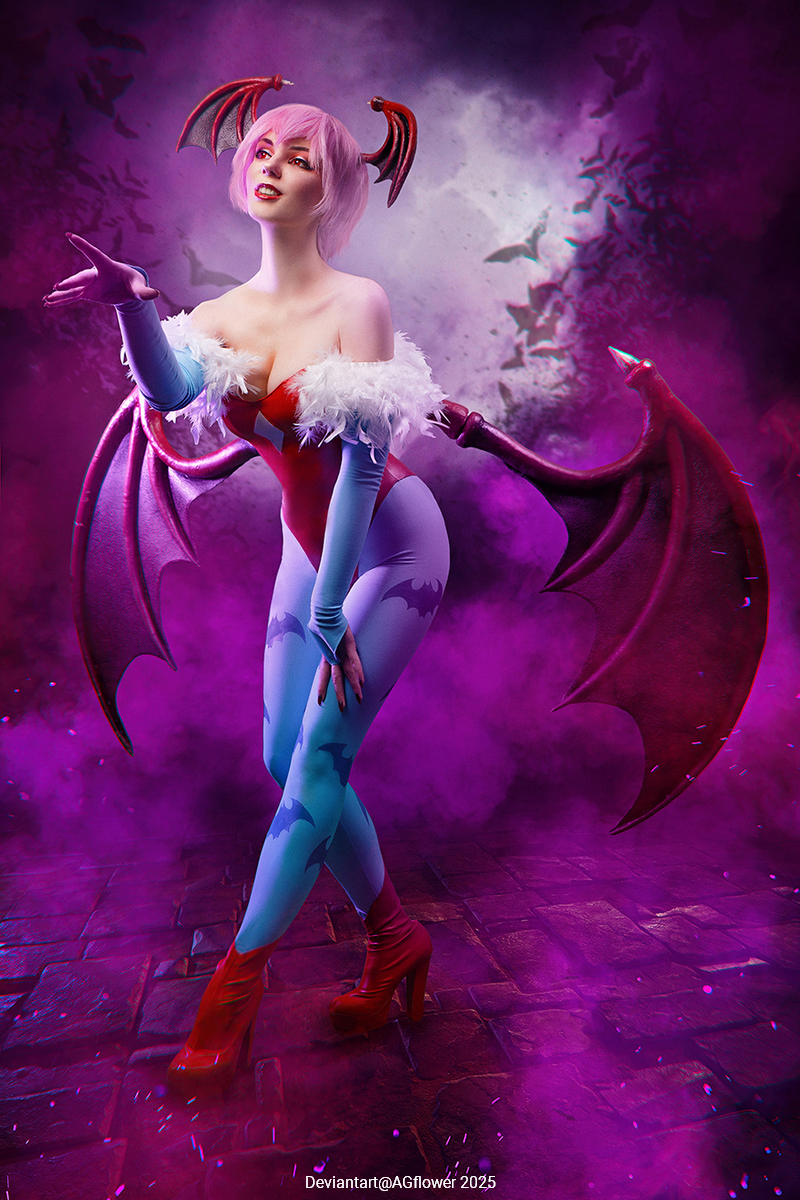 A character with pink hair and bat-like wings is posing in a vibrant costume against a purple smoky background.