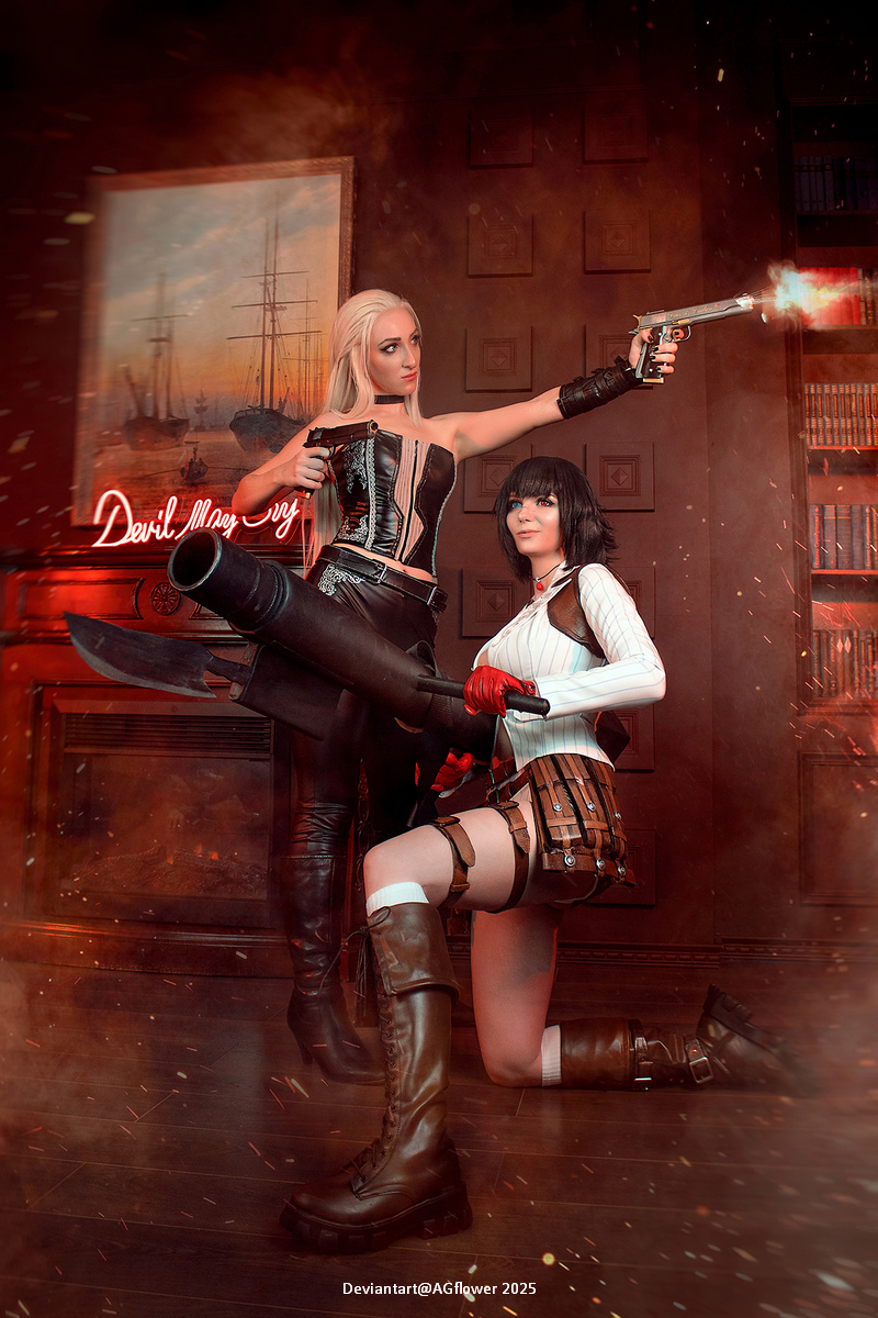 Devil May Cry 5 - Mary (Lady) (The Walking Arsenal) & Trish (Gloria) (Fiendish Femme Fatale) Cosplay costume showcase portrait