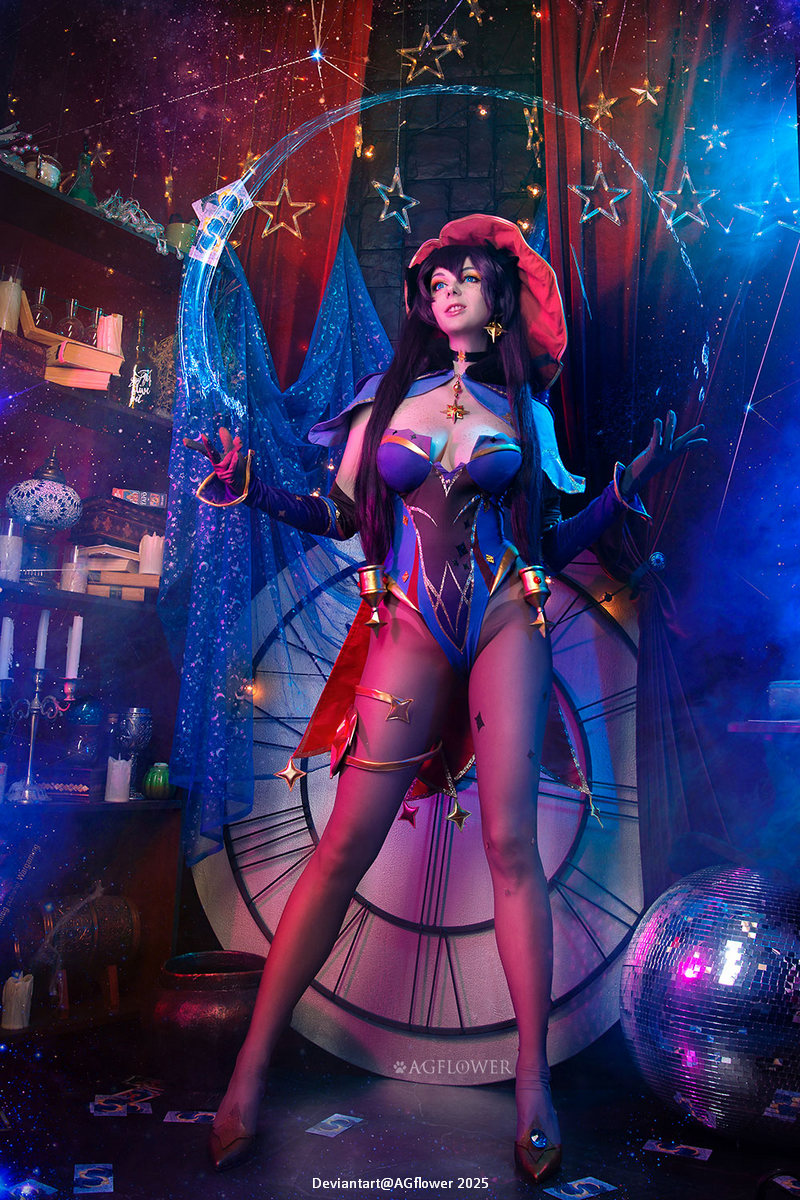 A woman in a colorful mystical costume poses in front of a magical backdrop filled with stars, a clock, and candles, embodying a character with stylish accessories.