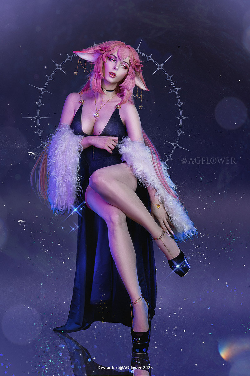 A fantasy character with pink hair and cat ears, wearing a black dress and a fur stole, posing gracefully against a starry background.