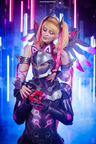 Overwatch - Angela Ziegler (Mercy) (The Guardian Angel) (Pink) & Genji Shimada (Genji) (The Cyborg Ninja) (Oni) Cosplay